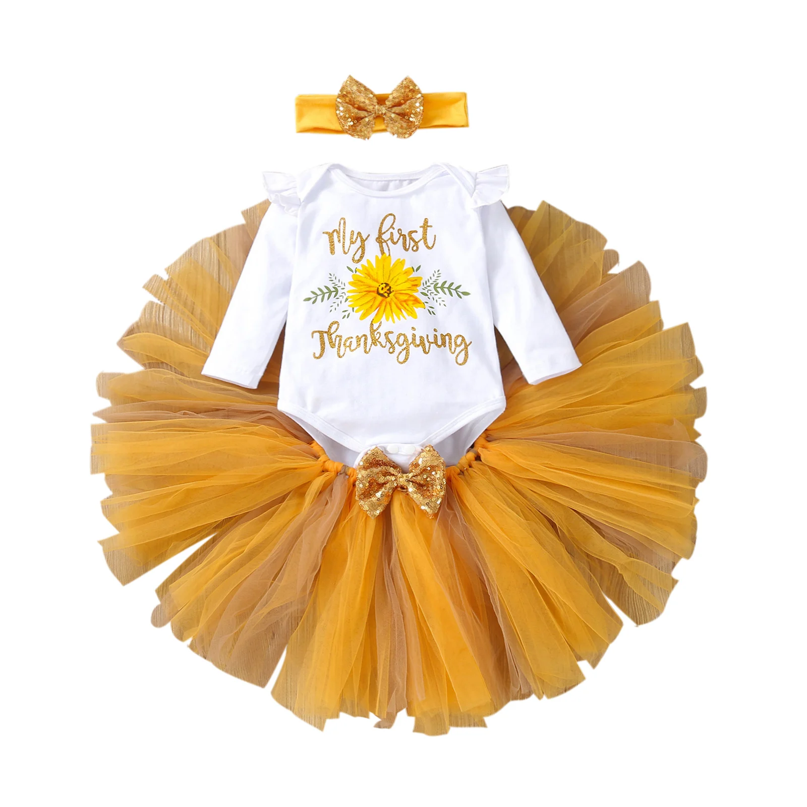 3 Pcs Toddler Thanksgiving Day Outfits, Letter & Flower Print Fly Sleeve Playsuit + Tulle Skirt with Sequin Bow + Headband
3 Pcs Toddler Thanksgiving Day Outfits, Letter & Flower Print Fly Sleeve Playsuit + Tulle Skirt with Sequin Bow + Headband
