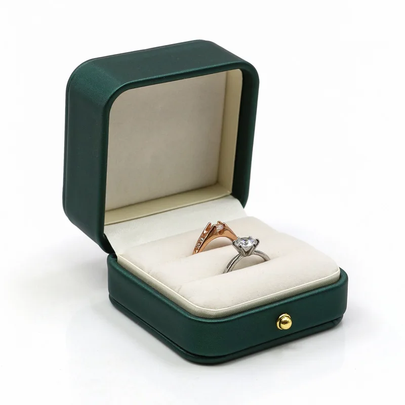 

Engagement Ring Box Green Square Leather Ring Bearer Box Premium Gorgeous Vintage Double Slot Ring Box for Proposal Wedding Gift