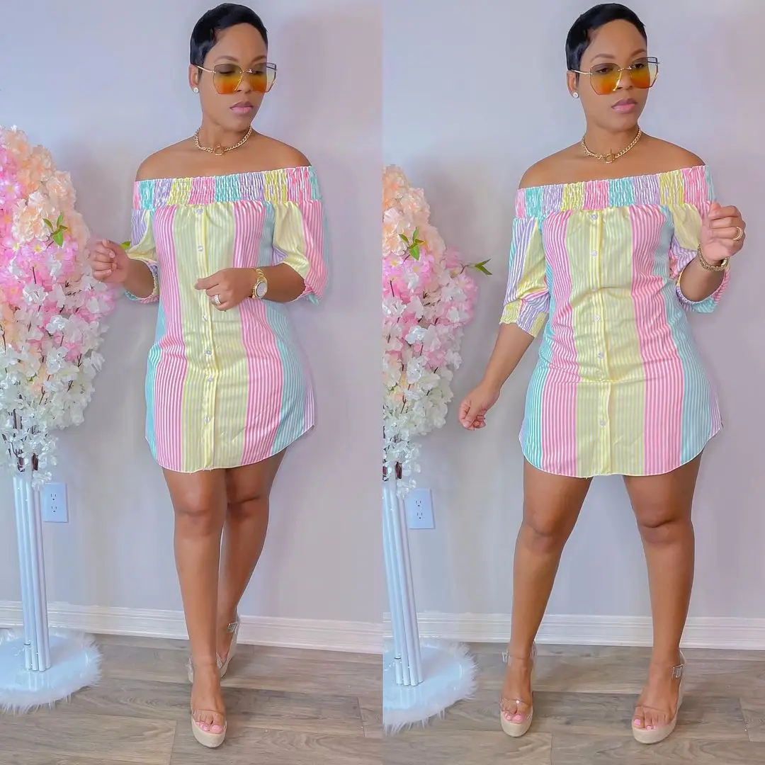Fashion Off-shoulder Striped Dress Women Casual Plus Size Slash Neck Half-sleeve Striped Printed Shirt Dress Women
Fashion Off-shoulder Striped Dress Women Casual Plus Size Slash Neck Half-sleeve Striped Printed Shirt Dress Women