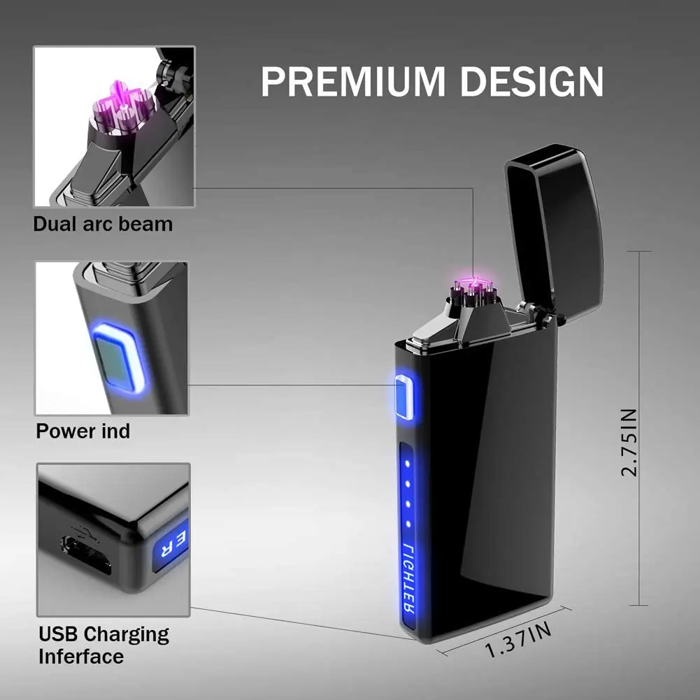 Double arc plasma lighter with battery indicator, flameless electric lighter, rechargeable by USB, windbreaker
Double arc plasma lighter with battery indicator, flameless electric lighter, rechargeable by USB, windbreaker