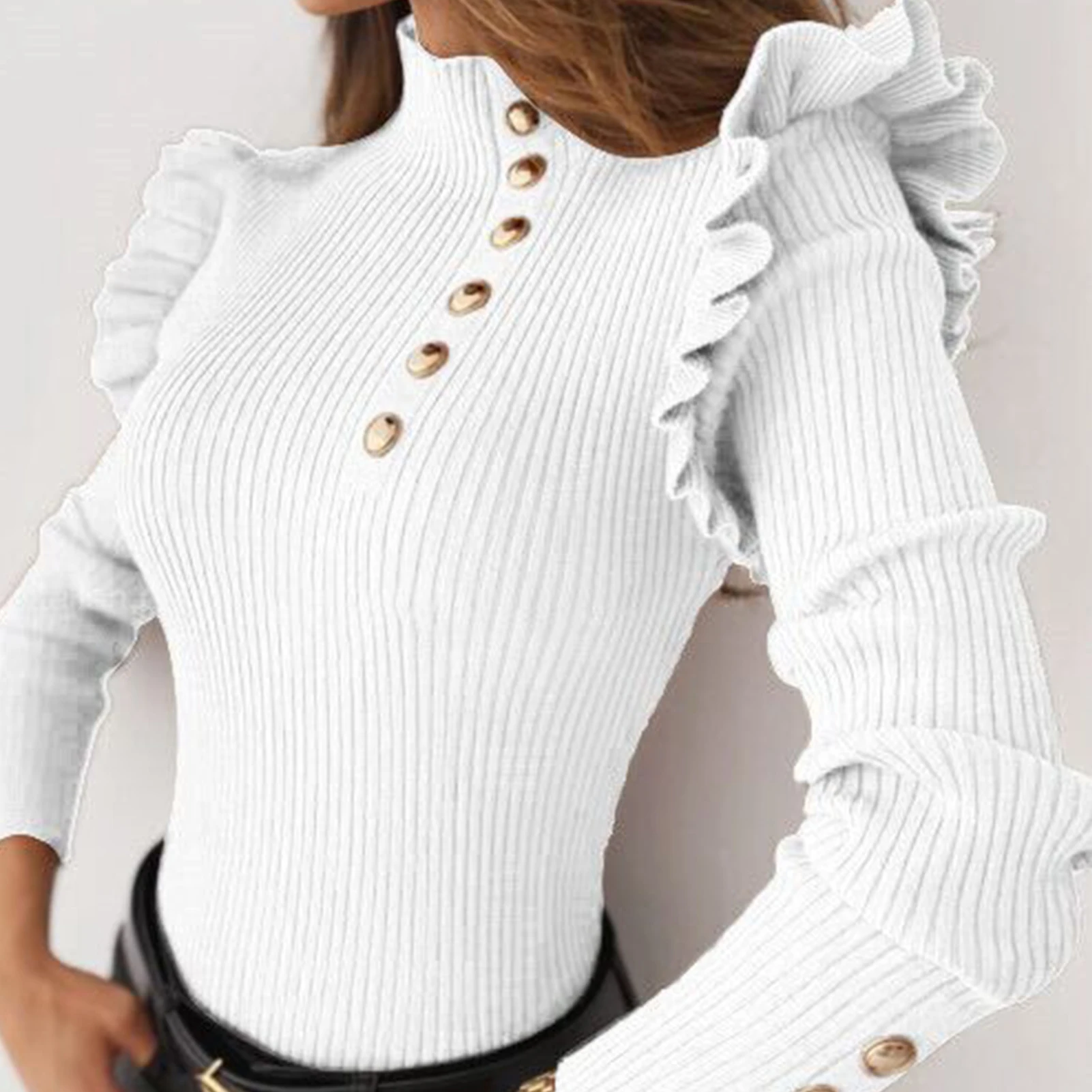 2020 Fashion Autumn Winter Women Sweater Long Sleeve Rib Turtleneck Buttons Ruffle Cotton Blouse Female Outdoor Working Clothes
2020 Fashion Autumn Winter Women Sweater Long Sleeve Rib Turtleneck Buttons Ruffle Cotton Blouse Female Outdoor Working Clothes