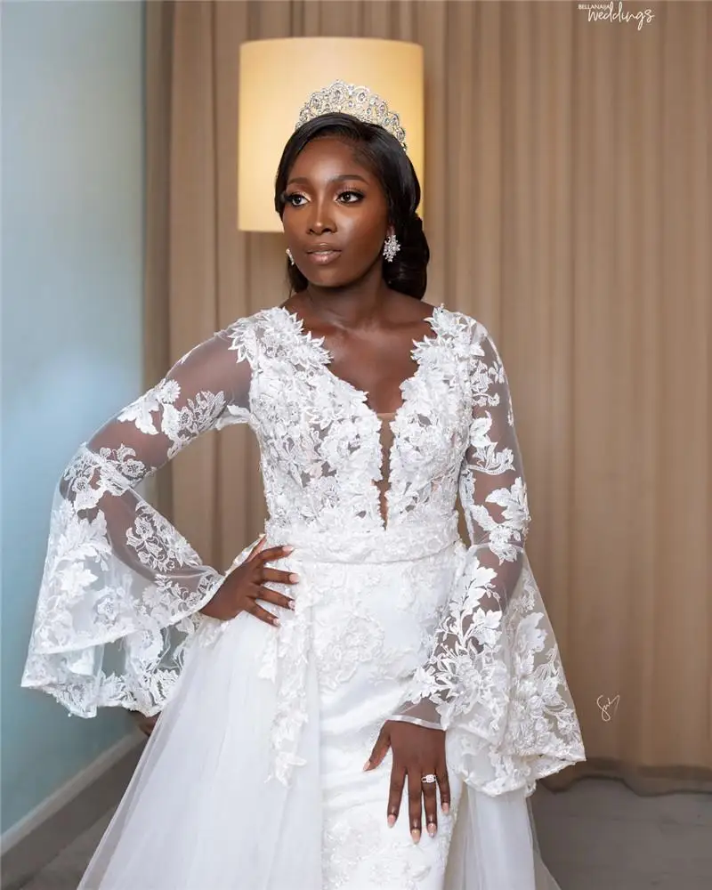Latest African Sheath Wedding Dresses with Detachable Train Elegant Flare Sleeves Lace Appliques Bridal Gowns vestido de noiva
Latest African Sheath Wedding Dresses with Detachable Train Elegant Flare Sleeves Lace Appliques Bridal Gowns vestido de noiva