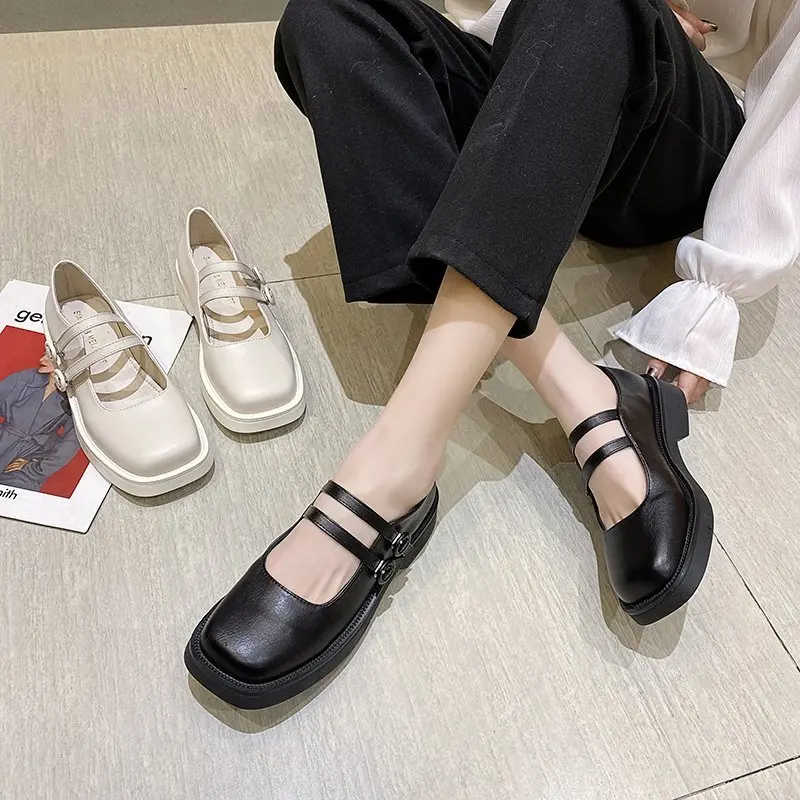 Casual Woman Shoe British Style All-Match Square Toe Oxfords Shallow Mouth Preppy Summer Retro Leather New Basic Solid Buckle St 
Casual Woman Shoe British Style All-Match Square Toe Oxfords Shallow Mouth Preppy Summer Retro Leather New Basic Solid Buckle St