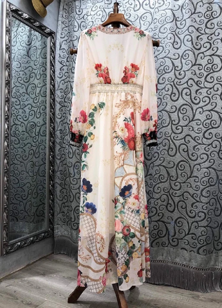 Dress Autumn Long 2021 High Quality Designer Clothing Women Sexy V-Neck Colorful Flower Print Beading Deco Long Maxi Dress Chic
Dress Autumn Long 2021 High Quality Designer Clothing Women Sexy V-Neck Colorful Flower Print Beading Deco Long Maxi Dress Chic