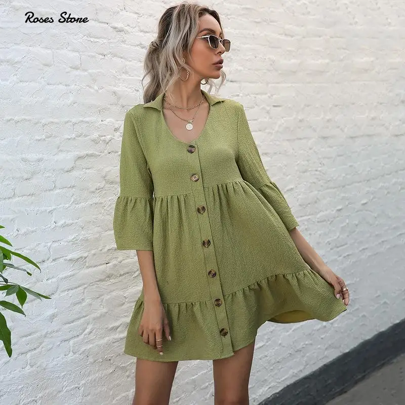 2021 New Woman Ruffle Hem Mini Dress Turn Down Colloar Button Front Half Sleeve Summer Green Clohtes For Ladies Holiday Beach
2021 New Woman Ruffle Hem Mini Dress Turn Down Colloar Button Front Half Sleeve Summer Green Clohtes For Ladies Holiday Beach