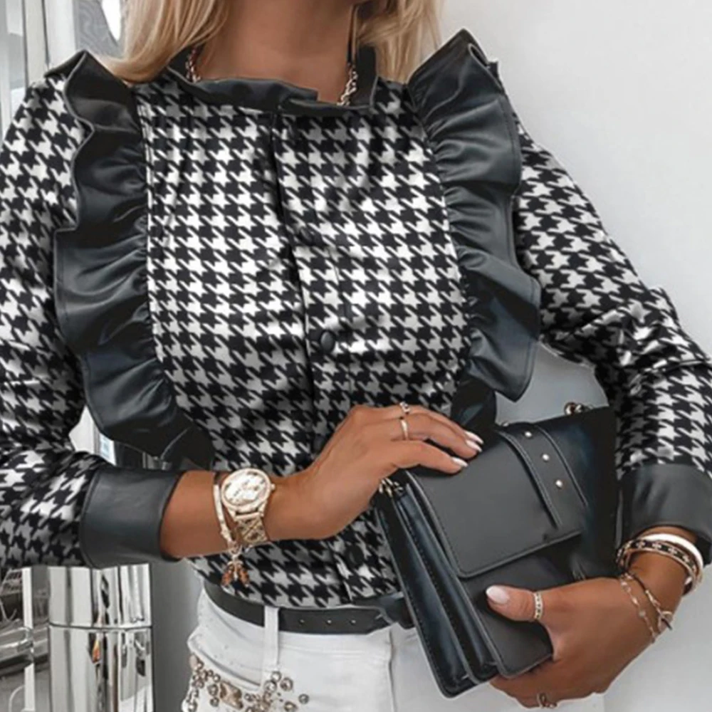 Houndstooth Shirts For Women Black Long Sleeve Shirt Ruffles Single Breasted Elegant O Neck Woman Shirts Casual Spring 2021 XXL
Houndstooth Shirts For Women Black Long Sleeve Shirt Ruffles Single Breasted Elegant O Neck Woman Shirts Casual Spring 2021 XXL