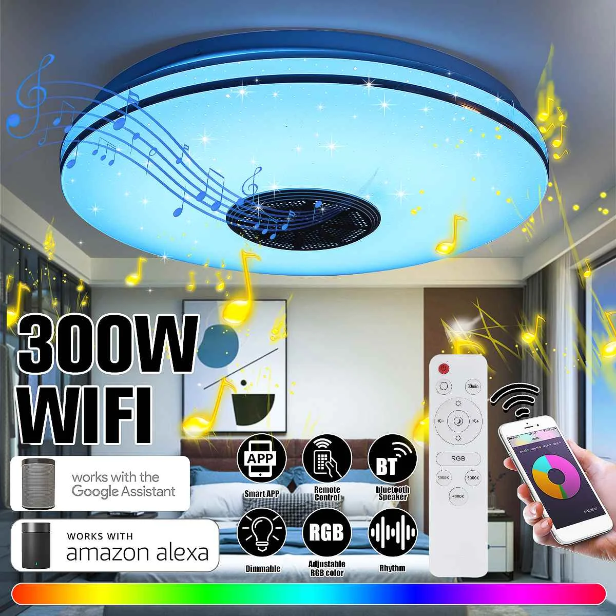 Светодиодный потолочный светильник с регулируемой яркостью, 300 Вт, Wi-Fi, RGB, умный потолочный светильник с дистанционным управлением
Светодиодный потолочный светильник с регулируемой яркостью, 300 Вт, Wi-Fi, RGB, умный потолочный светильник с дистанционным управлением