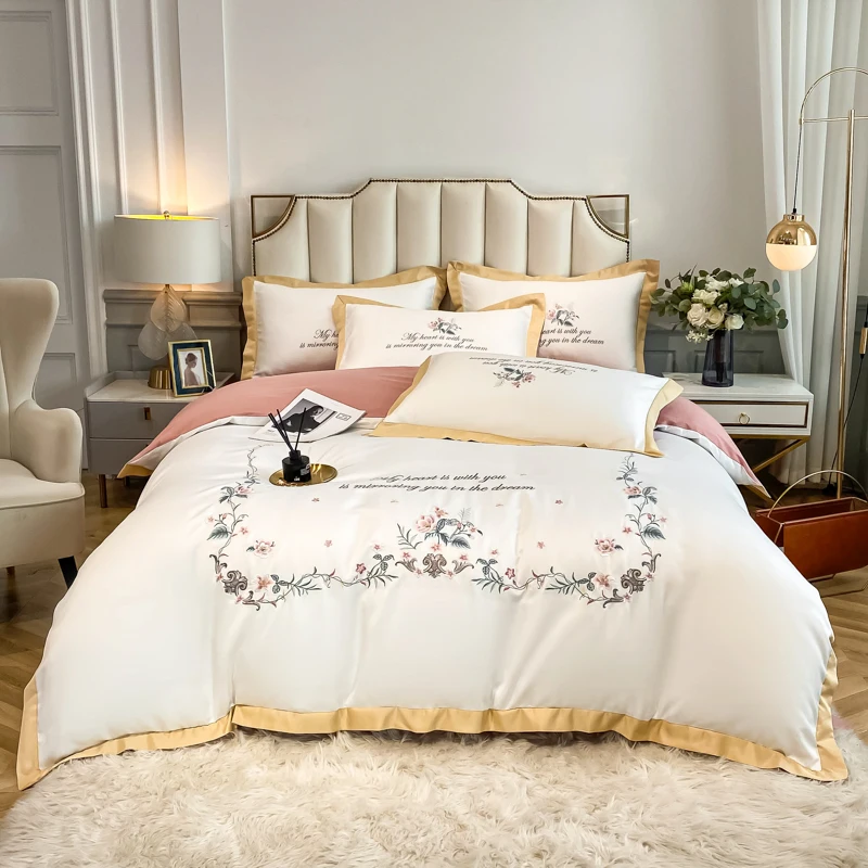 Luxury Washed Silk Cotton Flowers Embroidery 4Pcs Bedding Set Soft Silky Quilt/Duvet Cover Bed Linen Fitted Sheet Pillowcases 
Luxury Washed Silk Cotton Flowers Embroidery 4Pcs Bedding Set Soft Silky Quilt/Duvet Cover Bed Linen Fitted Sheet Pillowcases