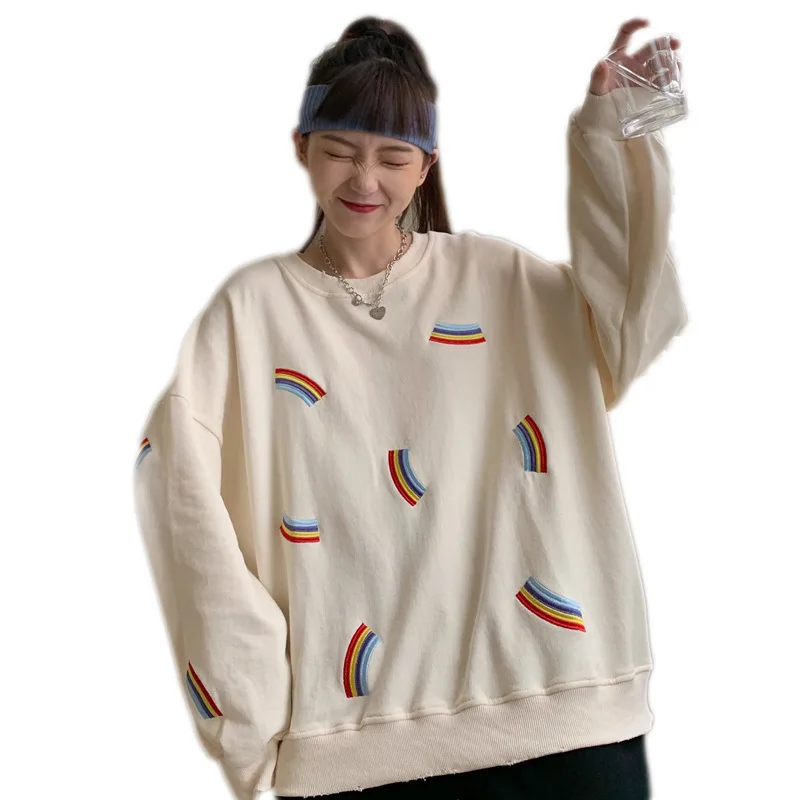 6535 cotton 2021 autumn new Korean women's thin round neck sweater women's embroidery rainbow loose large size tide 
6535 cotton 2021 autumn new Korean women's thin round neck sweater women's embroidery rainbow loose large size tide