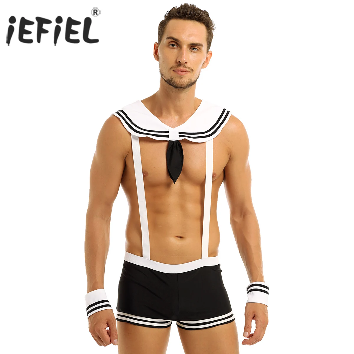 

iEFiEL Sexy Mens Sailor Costumes Exotic Lingerie Set for Night Party Clubwear Suspenders Boxer Shorts with Collar