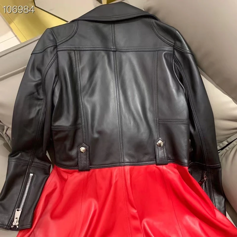 Women's Coat Spring Red Dress Design 2021 New Fashion Genuine Leather Jacket Joining Together Turn-Down Collar Overcoat | Женская