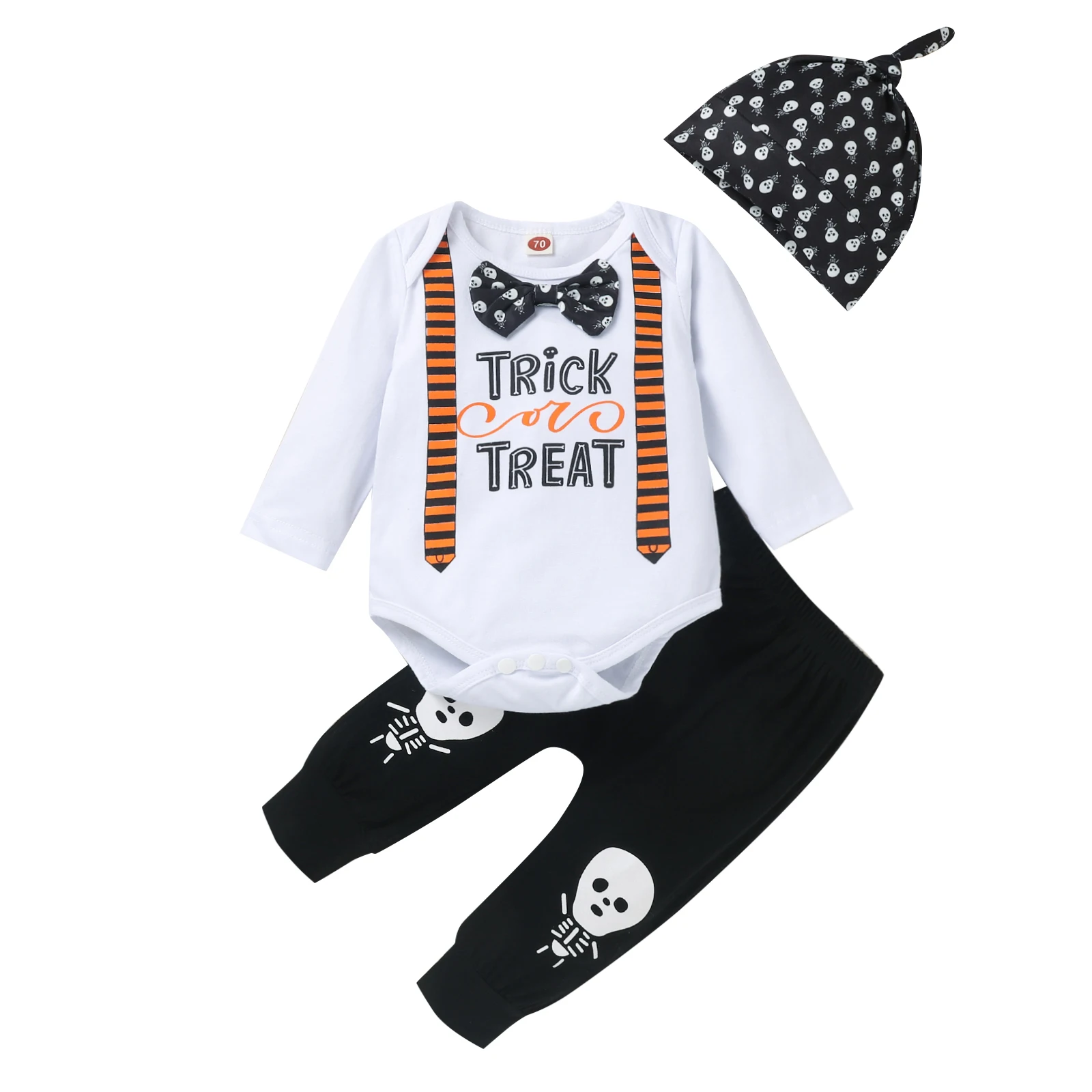 

2021-06-30 Lioraitiin 0-24M Infant Baby Boy 3Pcs Halloween Outfits Long Sleeve Gentleman Romper Pants Top Knot Hat Set