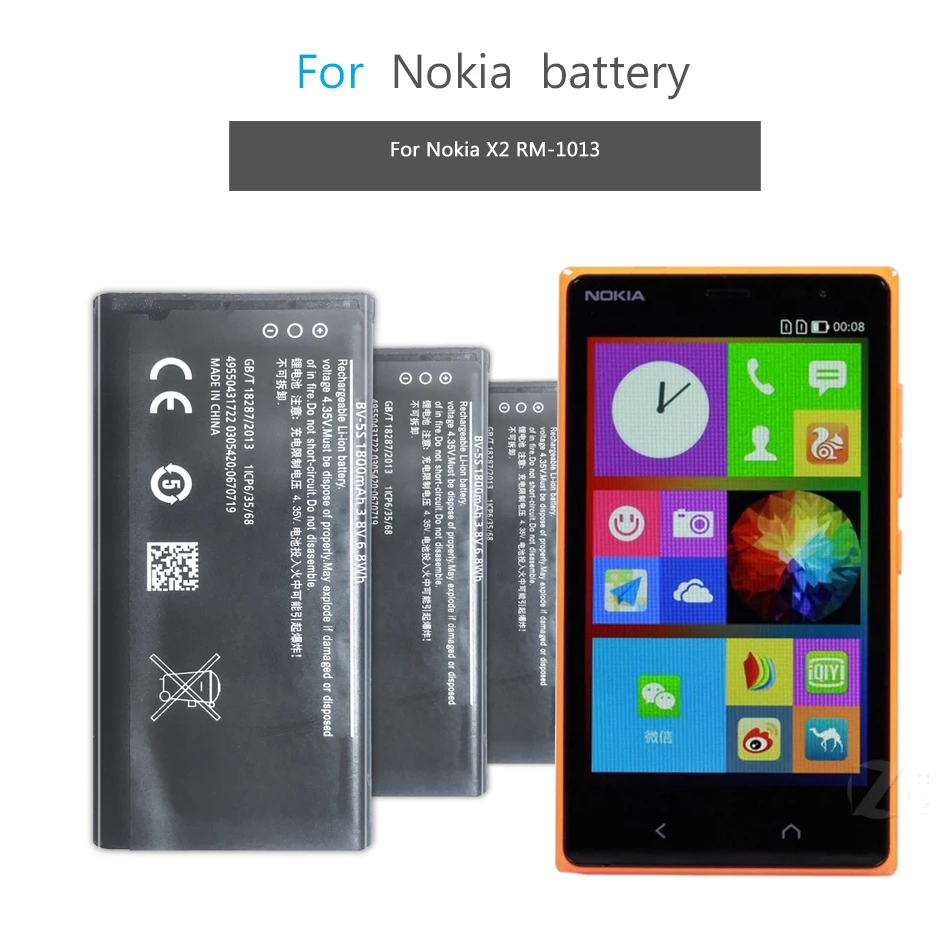 BV-5S 1800mAh Battery For Nokia X2 X2DS 1013 X+ X Plus Mobile Phone Battery BV 5S
BV-5S 1800mAh Battery For Nokia X2 X2DS 1013 X+ X Plus Mobile Phone Battery BV 5S