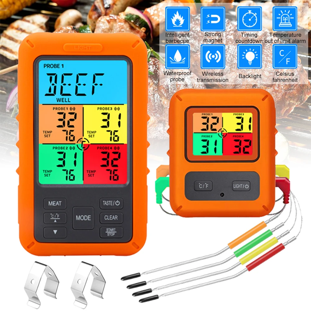 Wireless Digital Meat Thermometer With 4 Probes Remote Food Thermometer With Count-Down/Up Timer & Alarm For Picnic BBQ Grill
Wireless Digital Meat Thermometer With 4 Probes Remote Food Thermometer With Count-Down/Up Timer & Alarm For Picnic BBQ Grill