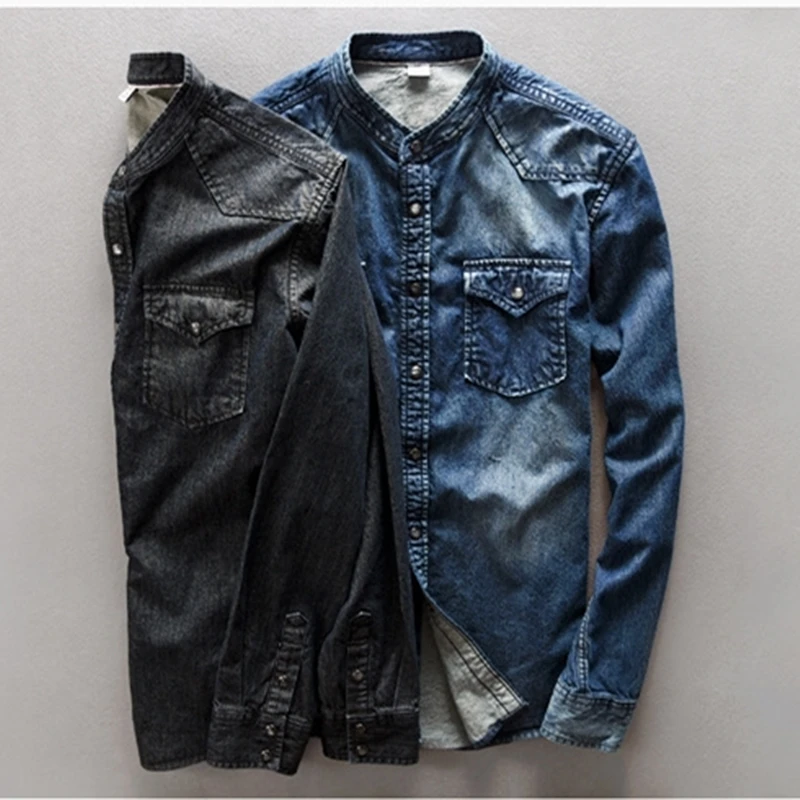 Men's cotton denim jacket stand collar shirt Vintage wash dark thin coat Fashion classic new denim shirt Pocket decoration tops 
Men's cotton denim jacket stand collar shirt Vintage wash dark thin coat Fashion classic new denim shirt Pocket decoration tops