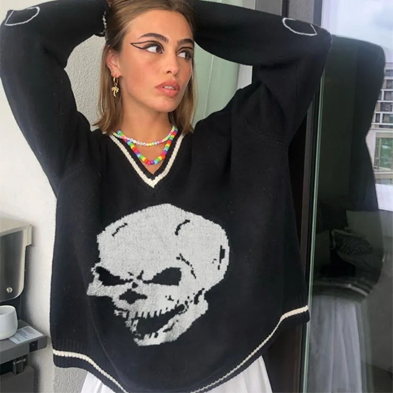 Sweater Skull Autumn Winter Pullover Hoodie Knitted Punk Style Warm Hoodies Women V-neck Sweater Loose Korea Fashion Sweatshirt
Sweater Skull Autumn Winter Pullover Hoodie Knitted Punk Style Warm Hoodies Women V-neck Sweater Loose Korea Fashion Sweatshirt