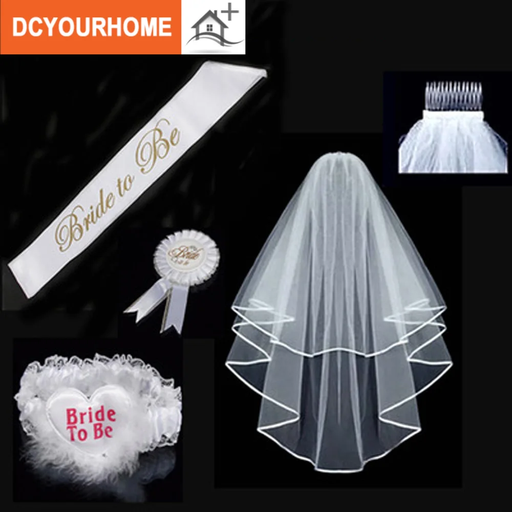 

4pcs/set Fashion Garter Veil Hen Night Party Bride To Be Bachelorette Party 1 Lace Set WHITE Rosette Mantilla Badge Sash