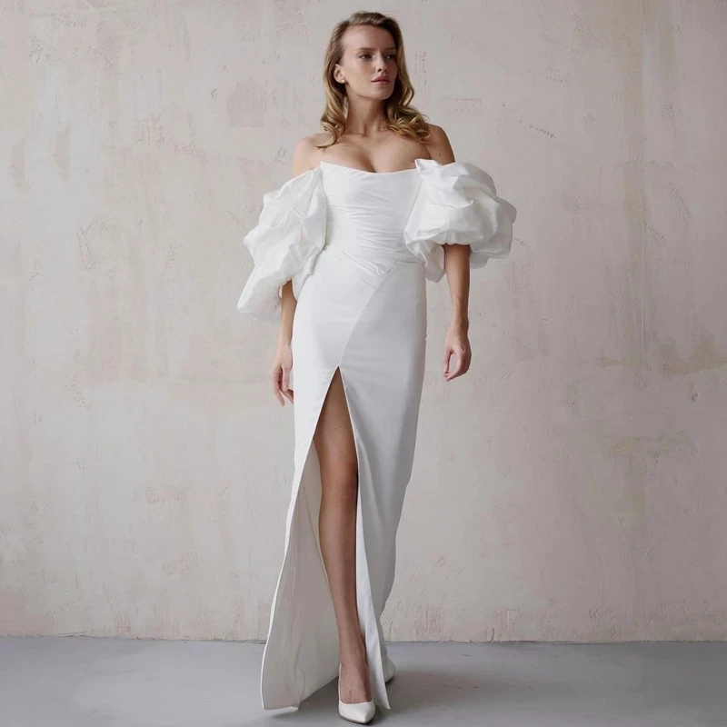 Sexy Wedding Dresses Strapless High Split Bridal Dress Satin Puff Sleeve Floor Length Wedding Evening Gowns Plus Size 2021
Sexy Wedding Dresses Strapless High Split Bridal Dress Satin Puff Sleeve Floor Length Wedding Evening Gowns Plus Size 2021