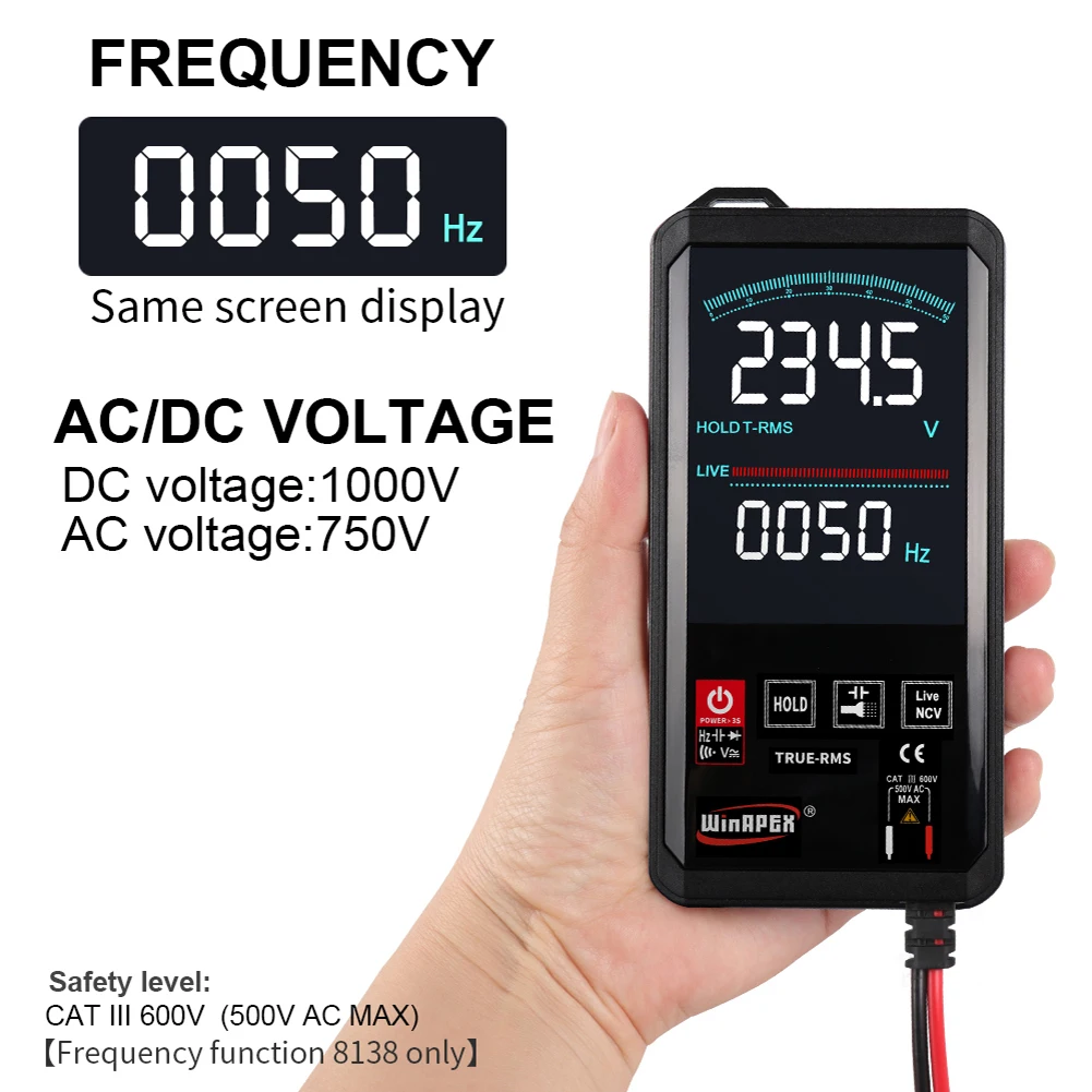 Color Screen Automatic Digital Multimeter DC AC Voltage Frequency Meter 6000 Counts Display Ultra-thin 4.7inch Touching
Color Screen Automatic Digital Multimeter DC AC Voltage Frequency Meter 6000 Counts Display Ultra-thin 4.7inch Touching