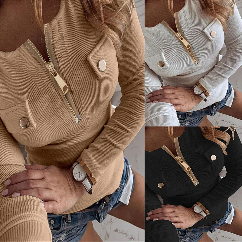 Autumn Fashion Solid Color Womens t Shirt Long Sleeve Zipper Office Lady Tee Shirt Round Neck Slim Long Female Sweater
Autumn Fashion Solid Color Womens t Shirt Long Sleeve Zipper Office Lady Tee Shirt Round Neck Slim Long Female Sweater