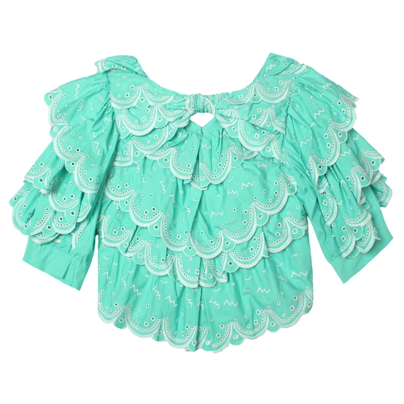 2021 Vintage Ruffled Puff Short Sleeve Shirt Women Chic Embroidery Hollow Out Bow Blouse Female High Waist Crop Tops Fashion 
2021 Vintage Ruffled Puff Short Sleeve Shirt Women Chic Embroidery Hollow Out Bow Blouse Female High Waist Crop Tops Fashion