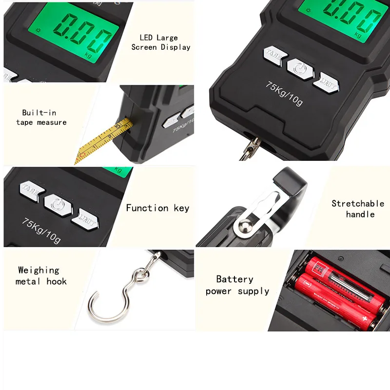 75Kg/10g Electronic Weighing Scale 50Kg/5g LCD Digital Display Hanging Hook Scale with Measuring Tape for Fishing Travel
75Kg/10g Electronic Weighing Scale 50Kg/5g LCD Digital Display Hanging Hook Scale with Measuring Tape for Fishing Travel