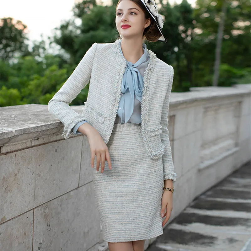 Женский офисный костюм из двух предметов, роскошный твидовый шерстяной пиджак и мини-юбка во французском стиле, деловой костюм для работы 
Женский офисный костюм из двух предметов, роскошный твидовый шерстяной пиджак и мини-юбка во французском стиле, деловой костюм для работы