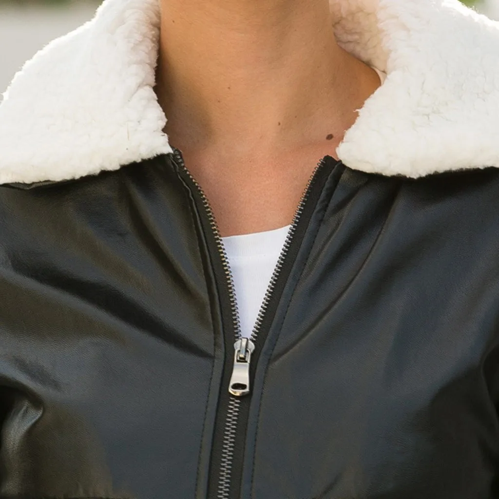 Зимняя кожаная куртка-бомбер для женщин однотонное пальто из искусственного