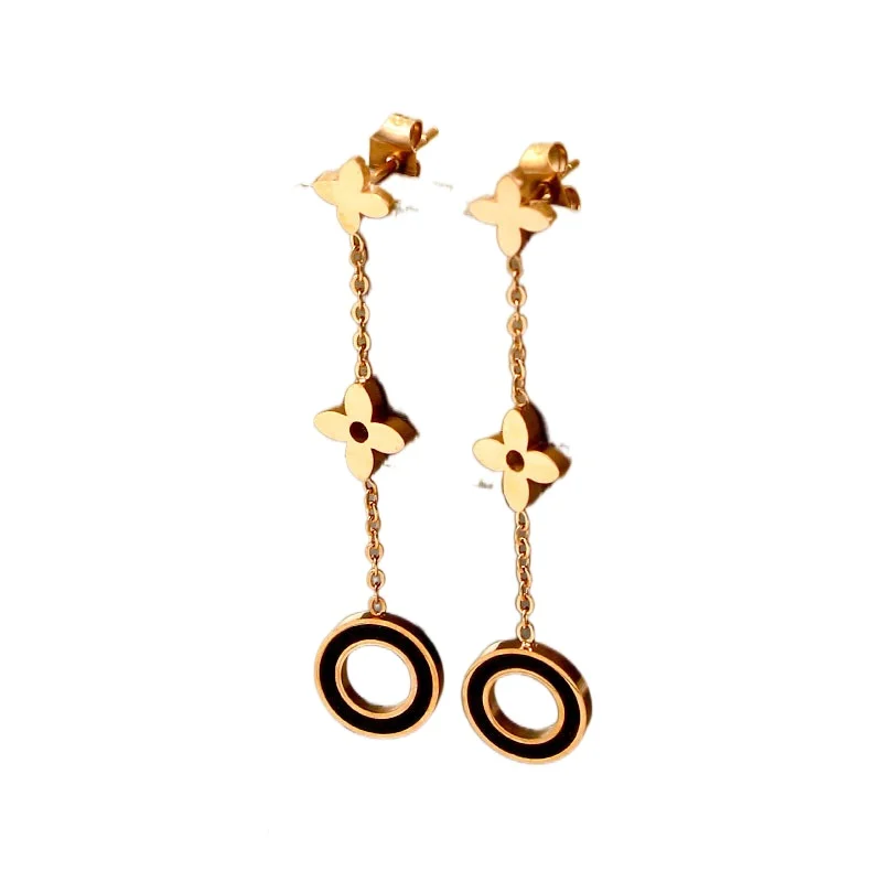 Hot Sale Small Flower Black Round Rose Gold Color Titanium Stainless Drop Earrings Free Shipping
Hot Sale Small Flower Black Round Rose Gold Color Titanium Stainless Drop Earrings Free Shipping