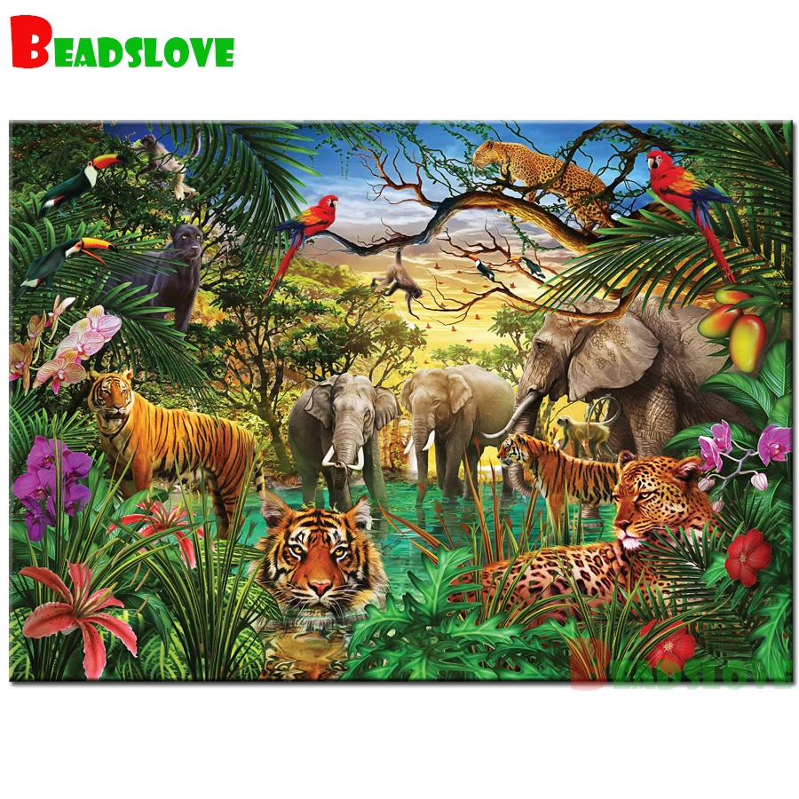 Набор для алмазной вышивки «сделай сам», картина с квадратными стразами 5D, с изображением джунглей, животных, жизни 
Набор для алмазной вышивки «сделай сам», картина с квадратными стразами 5D, с изображением джунглей, животных, жизни