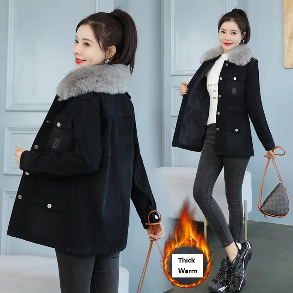 Winter New Women Jeans Coats Fur Collar Thick Warm Fleece Solid Single Button Pockets Slim For Females Collect Denim Outerwear
Winter New Women Jeans Coats Fur Collar Thick Warm Fleece Solid Single Button Pockets Slim For Females Collect Denim Outerwear