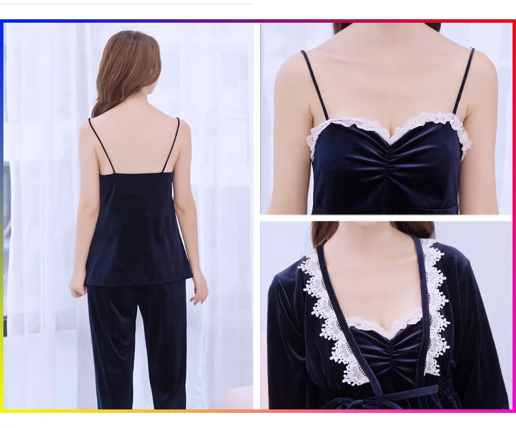 Fdfklak Gold Velvet Pajama Sets For Women Pijama Spring Autumn New 3 Pieces Night Wears Pyjamas Lace Home Clothes For Women 
Fdfklak Gold Velvet Pajama Sets For Women Pijama Spring Autumn New 3 Pieces Night Wears Pyjamas Lace Home Clothes For Women