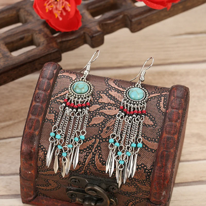 

Boho Jewelry Long Chain Tassel Dangle Earrings Brincos Stone Beads Female Earrings Silver Color Jhumkas indian Unique Jewellery