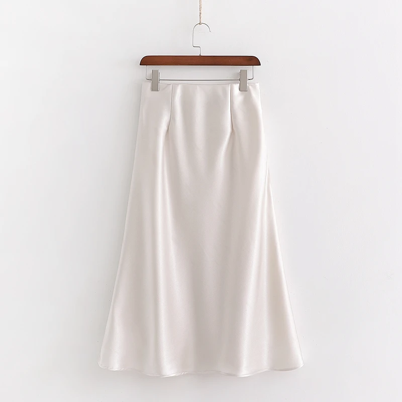 Женский однотонный Шелковый миди-юбка ZA с завышенной талией элегантный белый