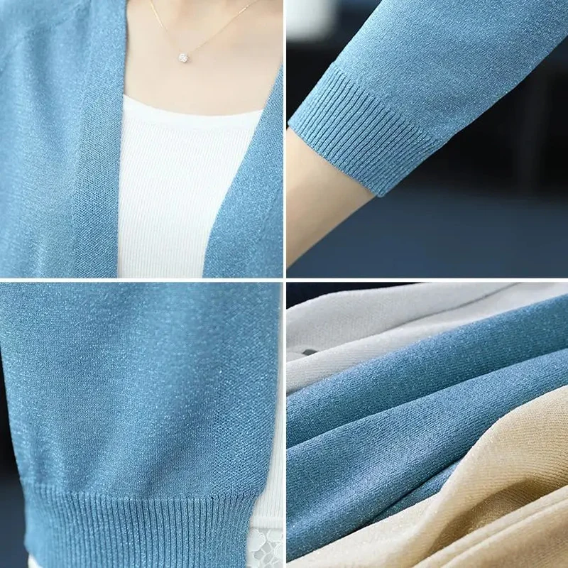 Basic Three Quarter Sleeve Bright Silk Cardigans Solid Color V-Neck Knitted Coat Female Large Size Casual Loose Women's Clothing
Basic Three Quarter Sleeve Bright Silk Cardigans Solid Color V-Neck Knitted Coat Female Large Size Casual Loose Women's Clothing