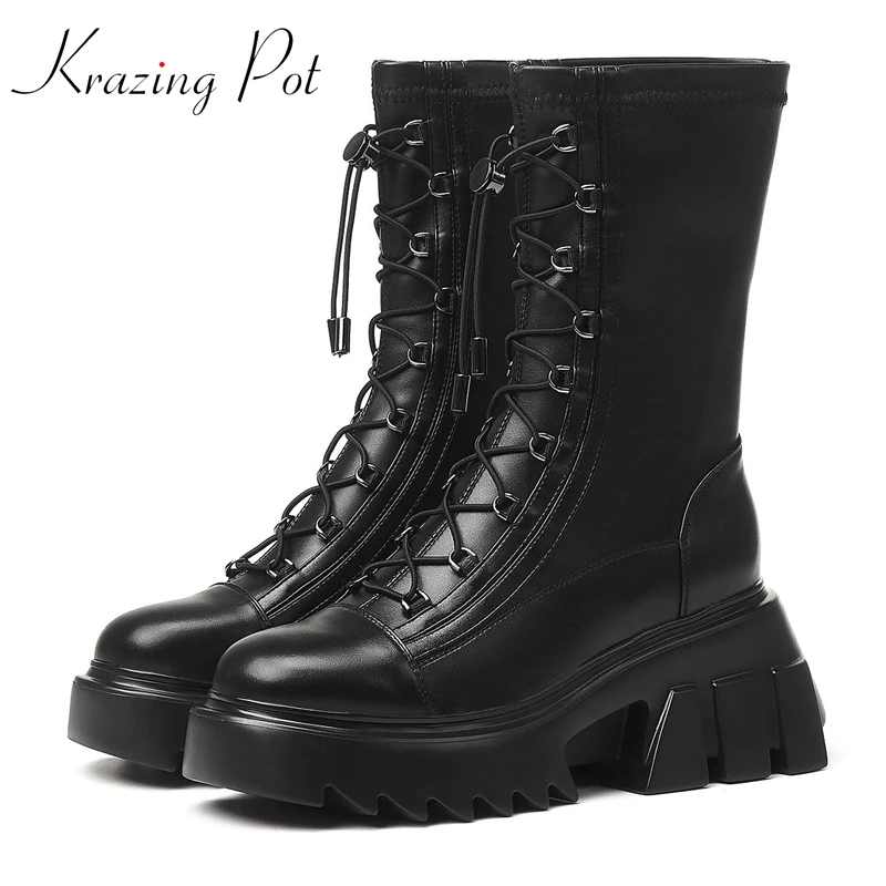 Krazing pot new genuine leather leisure round toe cross-tied brand keep warm increased black color high heels mid-calf boots L88
Krazing pot new genuine leather leisure round toe cross-tied brand keep warm increased black color high heels mid-calf boots L88