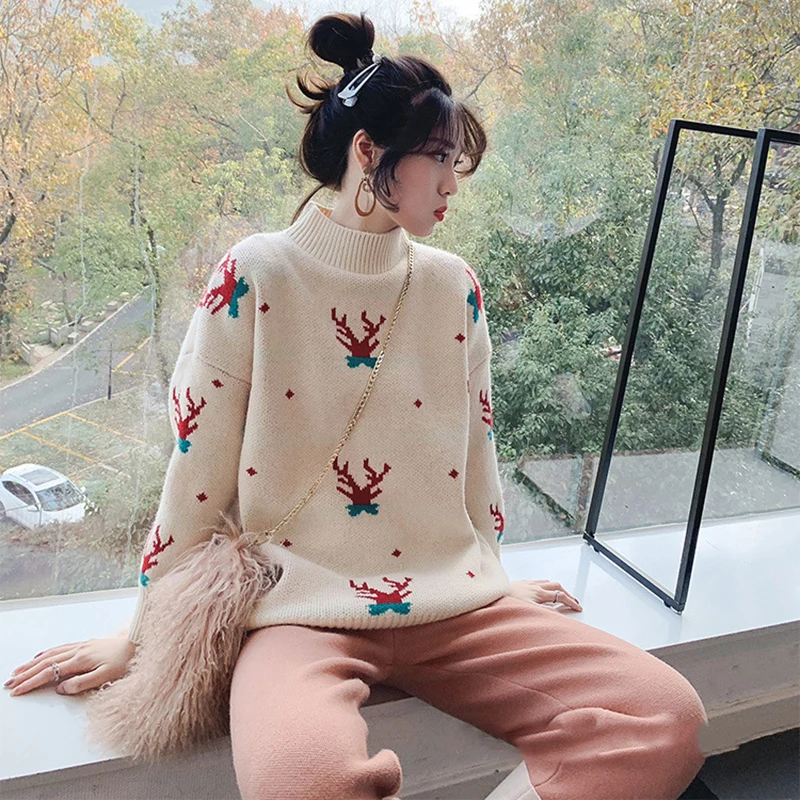 2021 Christmas Sweater Mock Neck Knitted Bottoming Shirt Loose Pullover Tops Women Winter Autumn Jumpers Sweaters Knitwear New
2021 Christmas Sweater Mock Neck Knitted Bottoming Shirt Loose Pullover Tops Women Winter Autumn Jumpers Sweaters Knitwear New