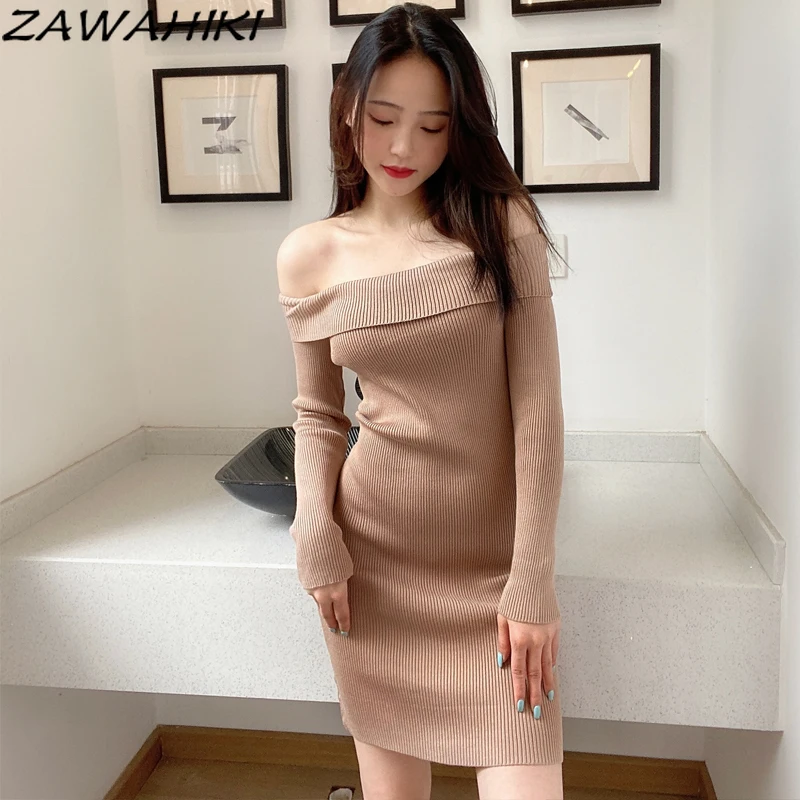 ZAWAHIKI Sweater Dresses Long Sleeve Slash Neck Solid High Waist Bag Hip Mini Dress Spring Autumn Femme Robe New Slim Ropa Mujer 
ZAWAHIKI Sweater Dresses Long Sleeve Slash Neck Solid High Waist Bag Hip Mini Dress Spring Autumn Femme Robe New Slim Ropa Mujer