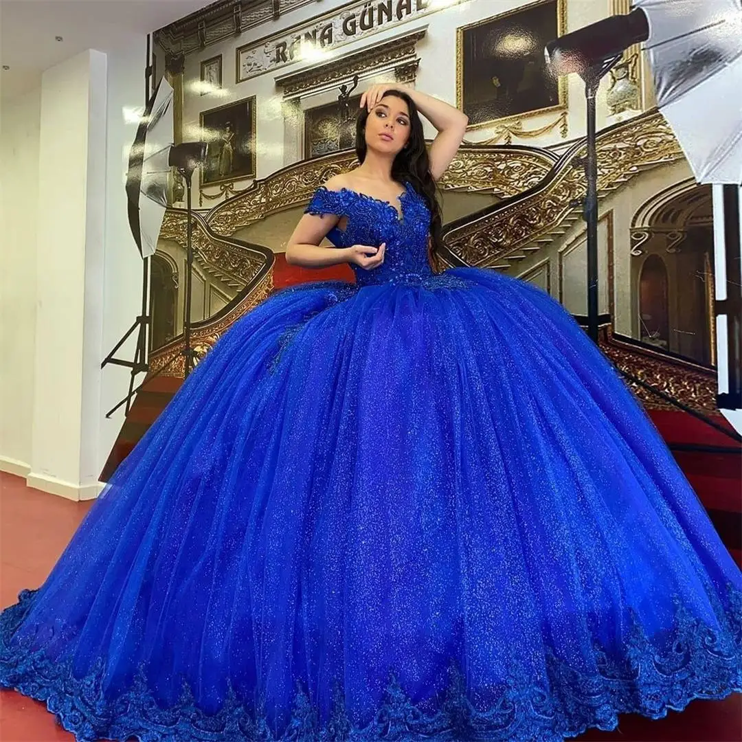 

Stunning Blue Ball Gown Quinceanera Dresses 2022 Lace Applique Beading Prom Gowns Backless Off the Shoulder Sweet 15 Party Dress