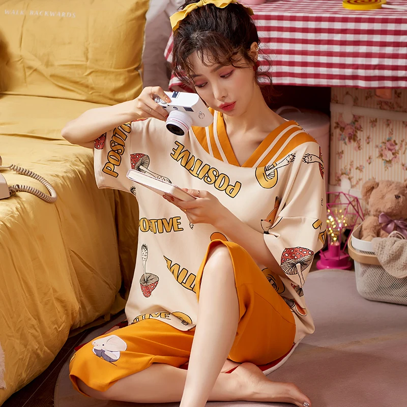 Summer Pajamas Set Cotton Short Sleeve Women Pajamas Cute Cartoon Night Oversized 4XL Women Home Sexy V-Nevk Sleep
Summer Pajamas Set Cotton Short Sleeve Women Pajamas Cute Cartoon Night Oversized 4XL Women Home Sexy V-Nevk Sleep