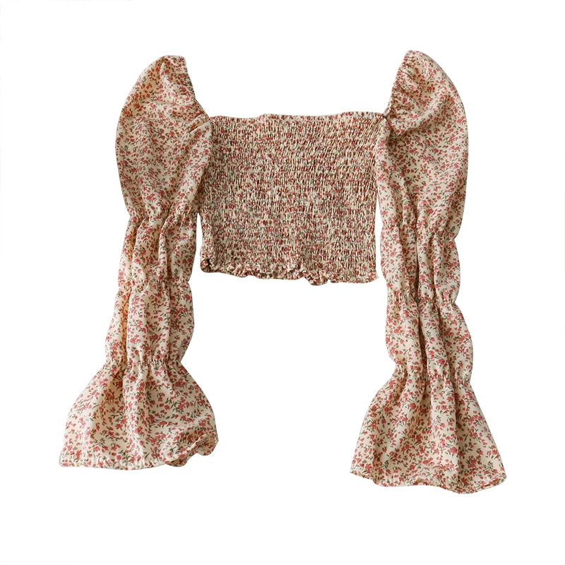 Autumn and winter 2019 small fold fit short blouse women's new open collarbone trumpet sleeve floral bottoming shirt
Autumn and winter 2019 small fold fit short blouse women's new open collarbone trumpet sleeve floral bottoming shirt