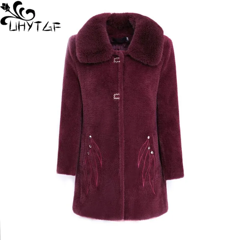

UHYTGF Winter Coat Women Quality Mink Fleece Casual Warm Autumn Woolen Jacket Elegant Mother Slim 6XL Big Size Outerwear 1130