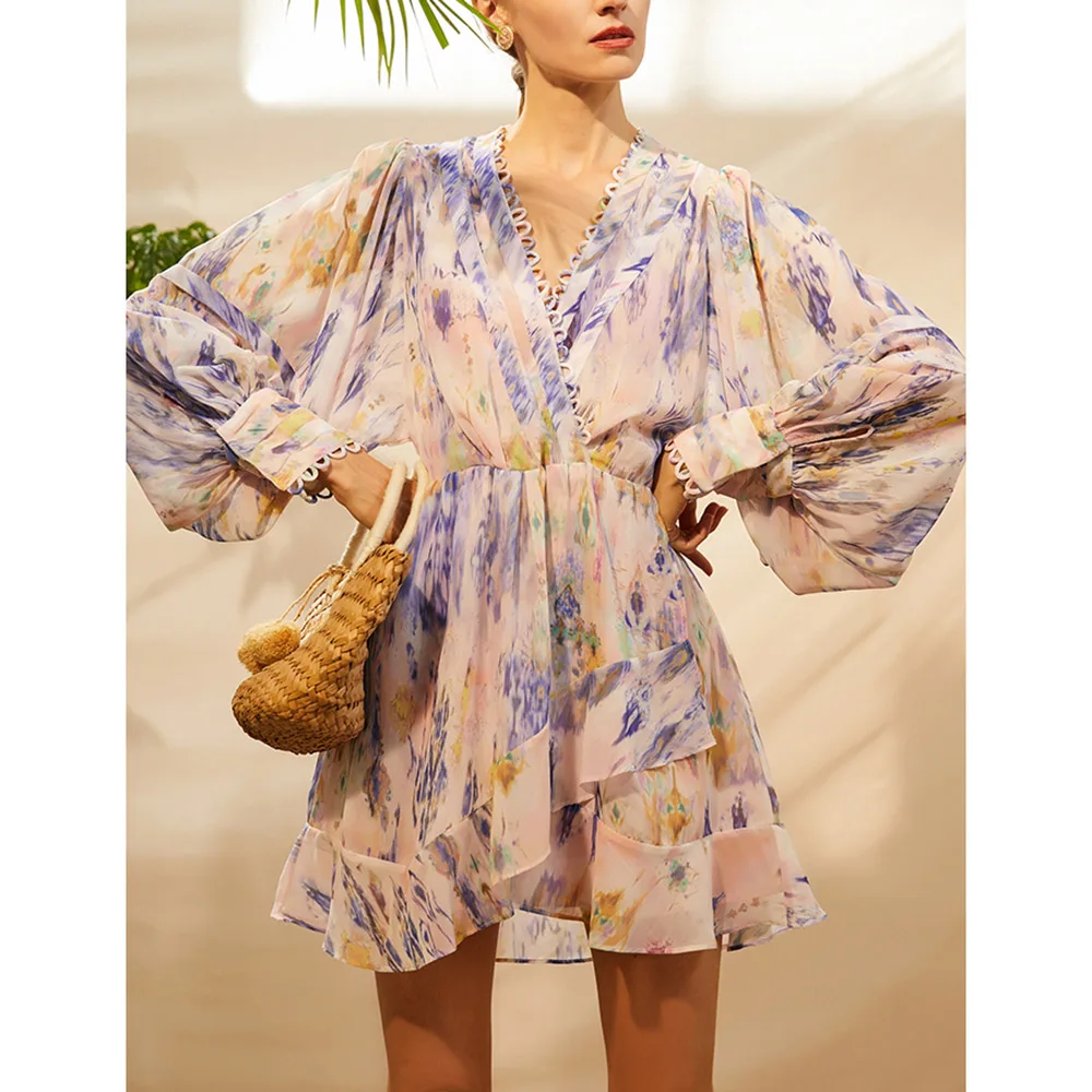 Женское мини-платье с V-образным вырезом Вечерние длинным рукавом и принтом 
Женское мини-платье с V-образным вырезом Вечерние длинным рукавом и принтом