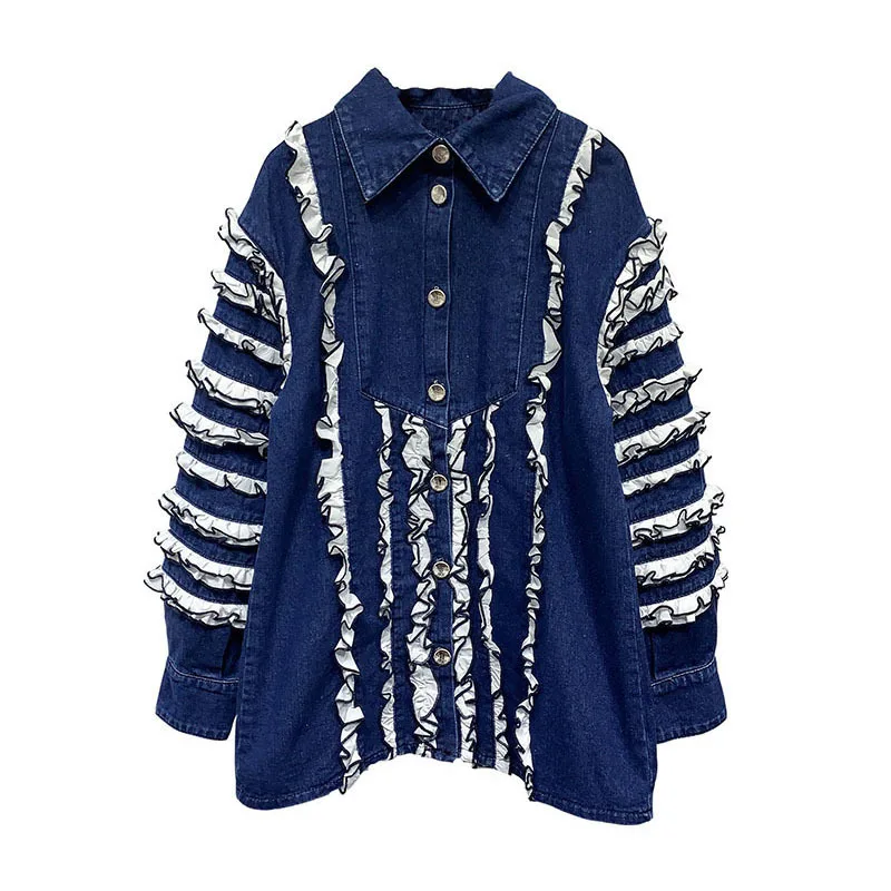 VGH Patchwork Coat For Wowem Lapel Collar Lantern Long Sleeve Ruffle Hit Color Denim Loose Coats Female 2020 Fashion New Tide
VGH Patchwork Coat For Wowem Lapel Collar Lantern Long Sleeve Ruffle Hit Color Denim Loose Coats Female 2020 Fashion New Tide