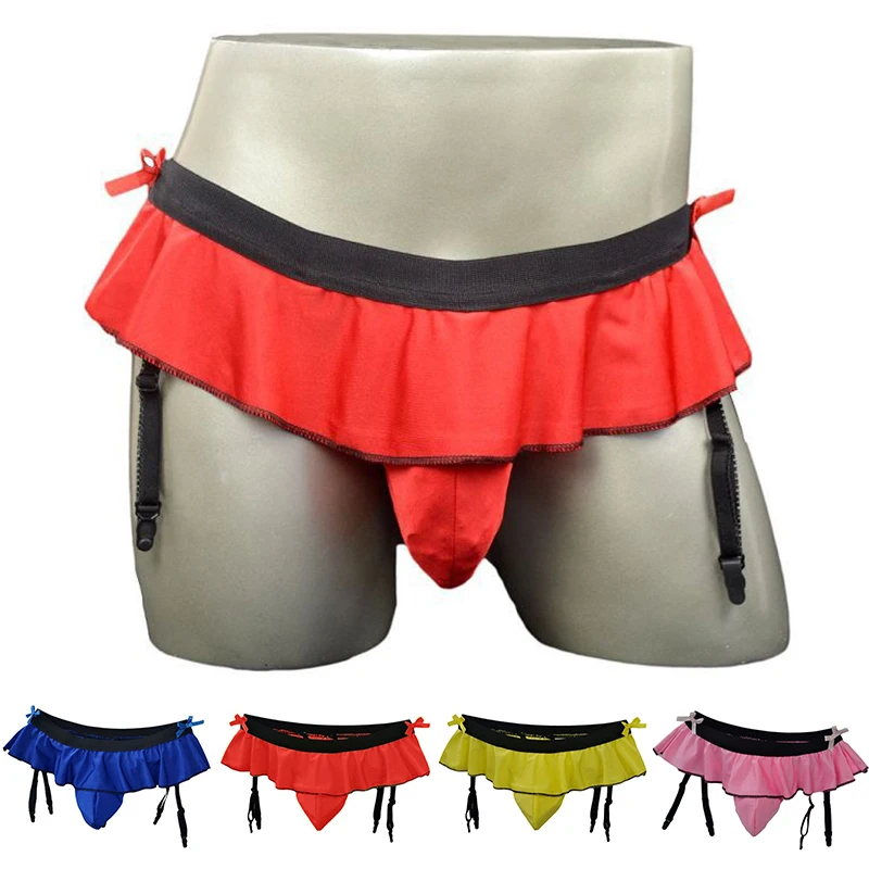 

Men Ruffled Briefs with Garters Sexy Thongs Suspender Clip Sock Underwear Erotic Lingerie Sissy Panty Penis Bulge Pouch G-string