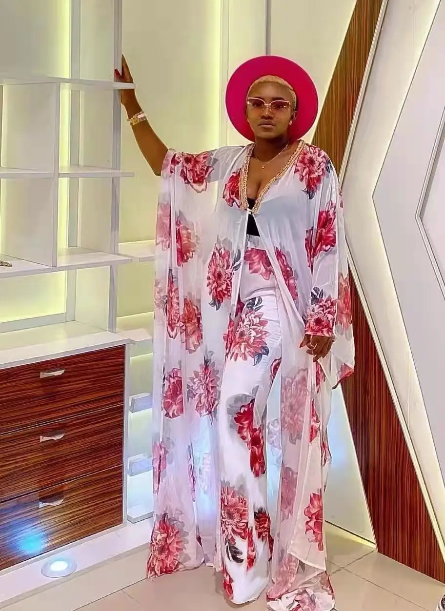 African Clothing Women Two Piece Sets Print Chiffon Cardigan with Loose Pant Elegant Festival Party Fashion Female Outfits 2021
African Clothing Women Two Piece Sets Print Chiffon Cardigan with Loose Pant Elegant Festival Party Fashion Female Outfits 2021