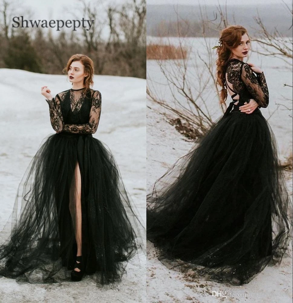 Shwaepepty Vintage Black Tulle Country Wedding Dresses Sexy High Slit Front Gothic Long Sleeve Bridal Dress Bride Formal Gowns
Shwaepepty Vintage Black Tulle Country Wedding Dresses Sexy High Slit Front Gothic Long Sleeve Bridal Dress Bride Formal Gowns