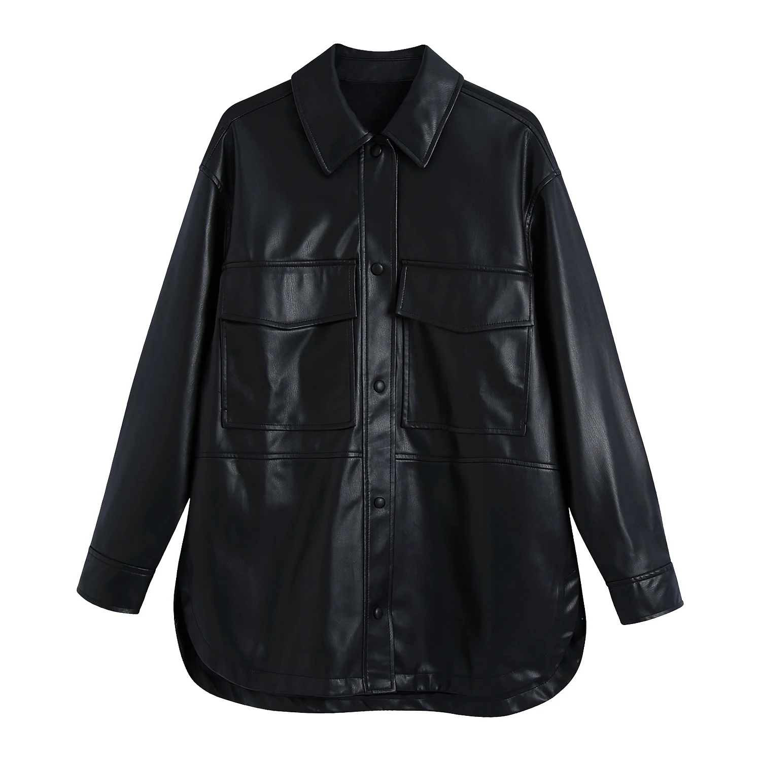 Women Solid Black Faux Leather Blouse Design Fashion Jacket Coat Female Turn Down Collar Single Breasted Pocket Loose Top
Women Solid Black Faux Leather Blouse Design Fashion Jacket Coat Female Turn Down Collar Single Breasted Pocket Loose Top