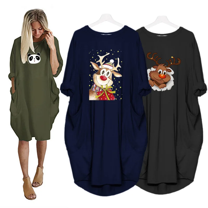 Cute Panda Elk Cartoon Woman Dress Pocket Loose Vintage Dress Long Sleeve Navidad Clothes Casual Christmas Sukienka 
Cute Panda Elk Cartoon Woman Dress Pocket Loose Vintage Dress Long Sleeve Navidad Clothes Casual Christmas Sukienka