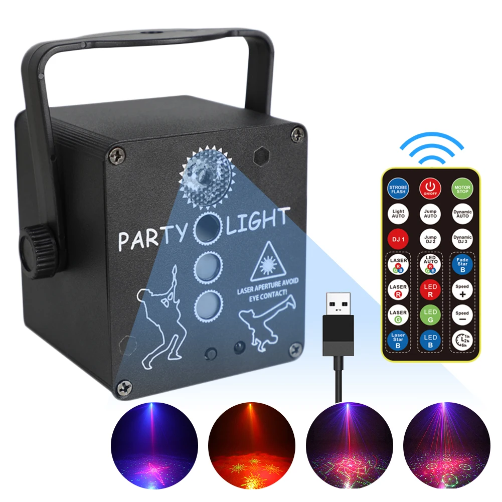 Party Light USB Rechargeable Remote Control Stage Lighting RG Laser+RGB+UV LED 4 Lens Automatic Audio Control for DJ Club Party
Party Light USB Rechargeable Remote Control Stage Lighting RG Laser+RGB+UV LED 4 Lens Automatic Audio Control for DJ Club Party